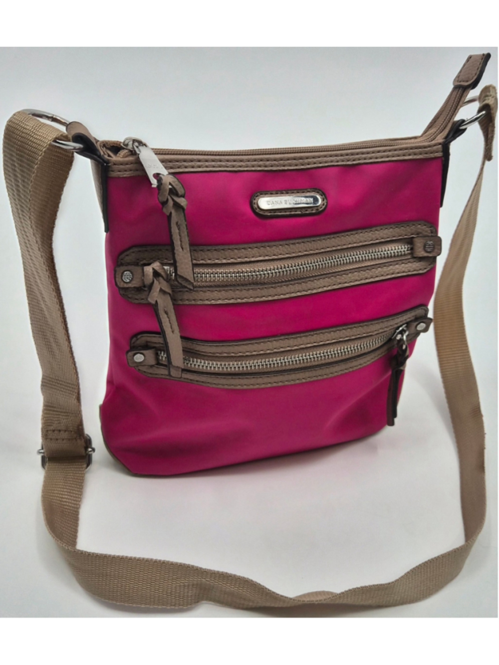 Dana Buchman Hot Pink Nylon Crossbody Purse Taupe Trim Silver Zip Y2K Barbiecore